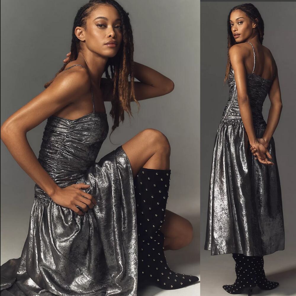 New Anthropologie Ruched Drop-Waist Foil Midi Dress - Small